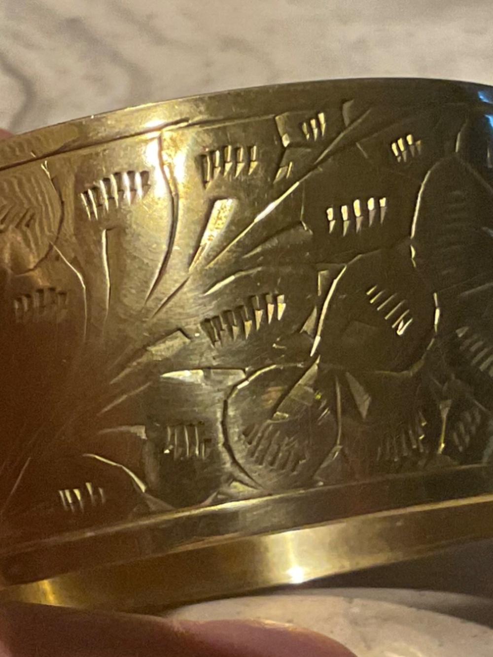 Brass Bangle Bracelet Vintage 2.75” diameter etched floral - Picture 5 of 7
